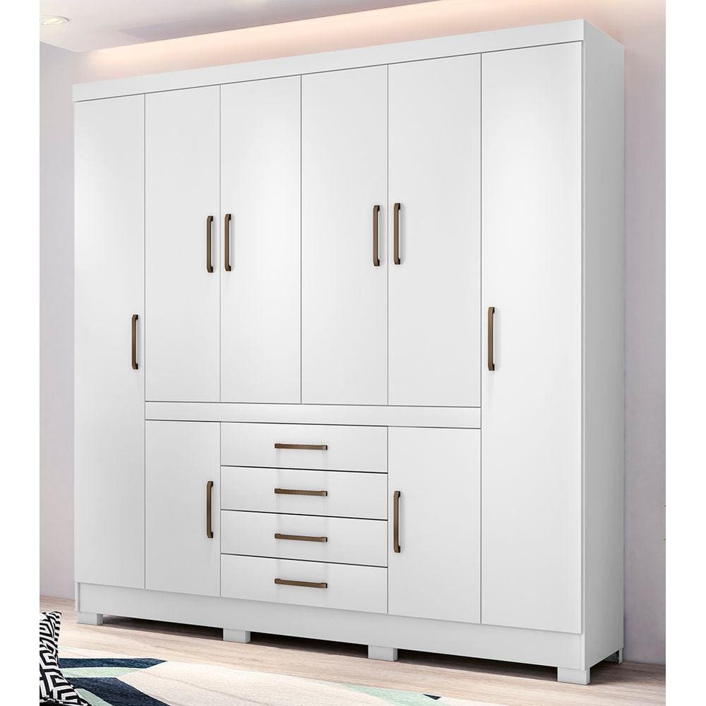 Guarda Roupa Roupeiro Casal 84020 08 Portas 04 Gavetas c/ Espelho New Realce Branco Demóbile