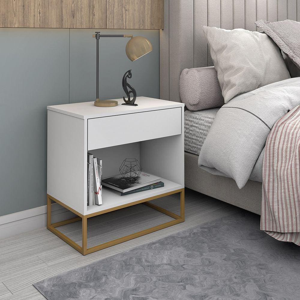 Mesa de Cabeceira Malta Branco com Pés de Ferro Dourado