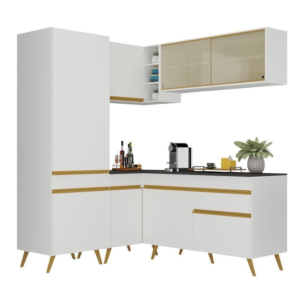 Armário De Cozinha Completa De Canto V2053 Branco Dourado