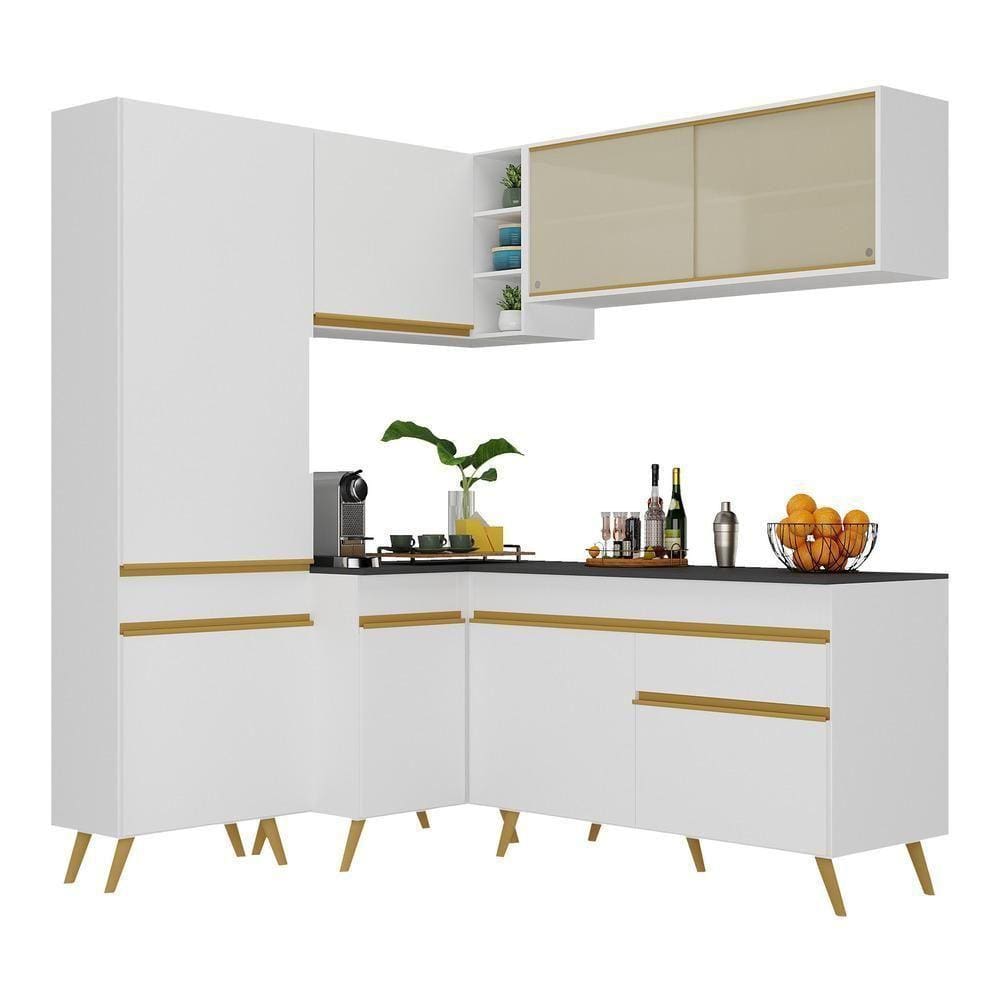 Armário De Cozinha Completa De Canto V2054 Branco Dourado