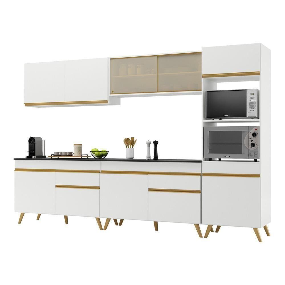 Armário De Cozinha Completa 302cm V3689 Branco Dourado