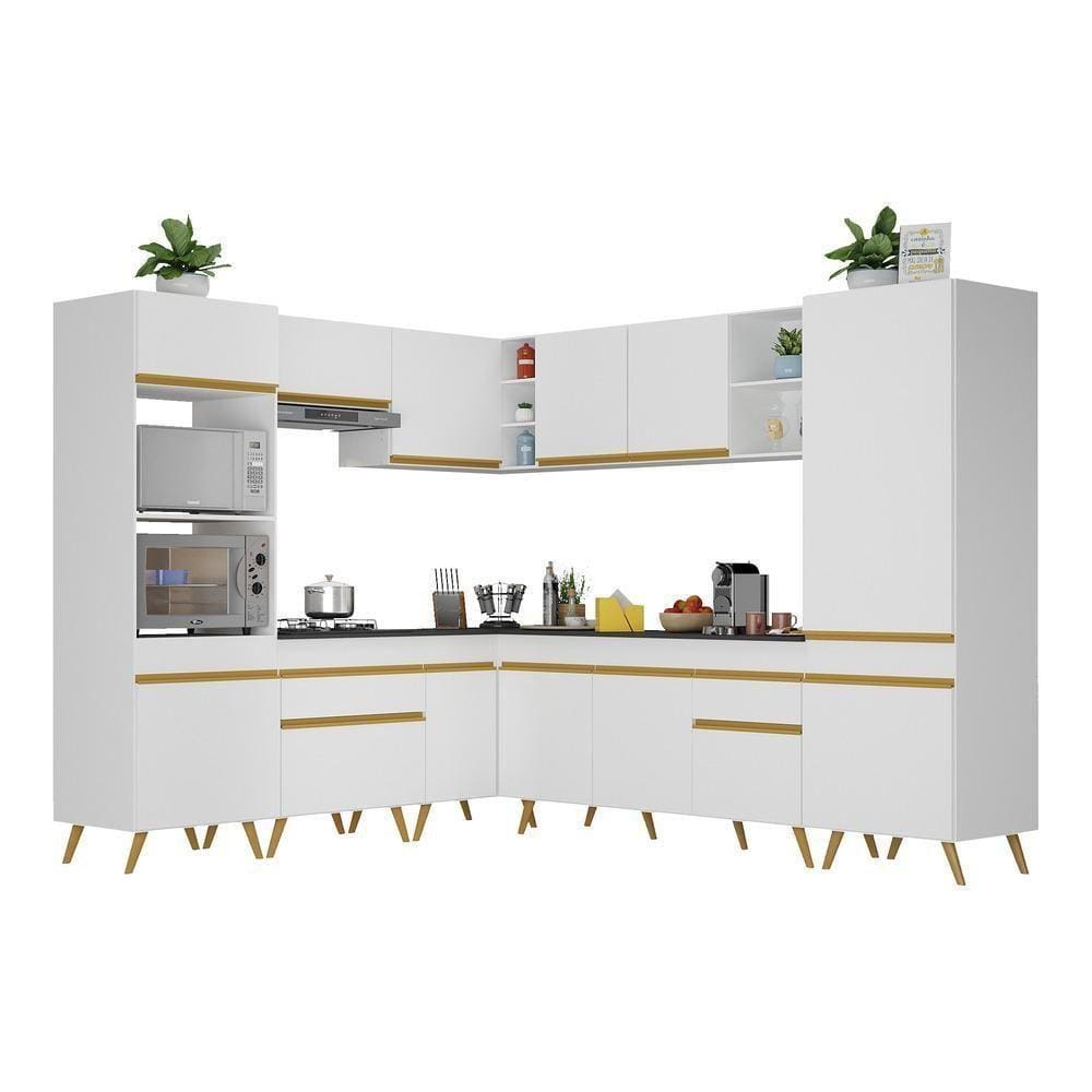 Armário De Cozinha Completa De Canto V246 Branco Dourado