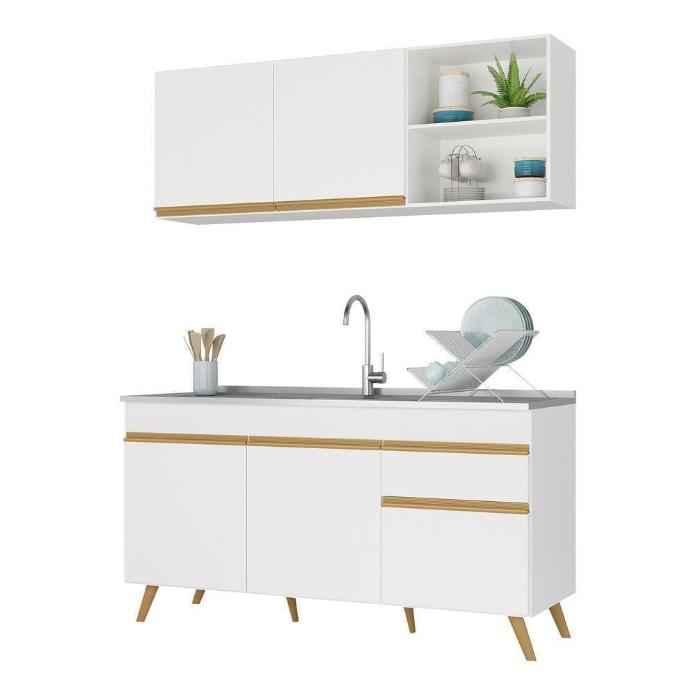Armário De Cozinha Compacta 150cm V2079 Branco Dourado