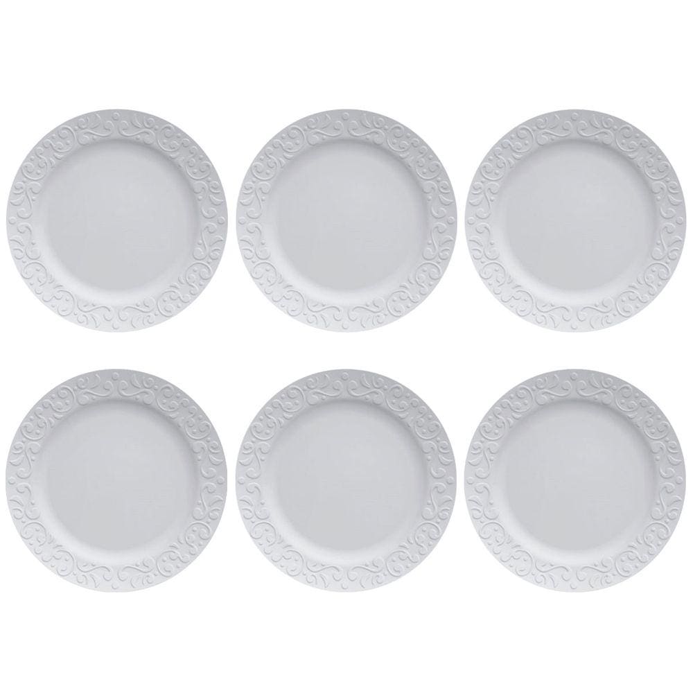 Jogo 6 Pratos Rasos Redondos 26,5cm em Porcelana com Relevo Tassel Germer Branco