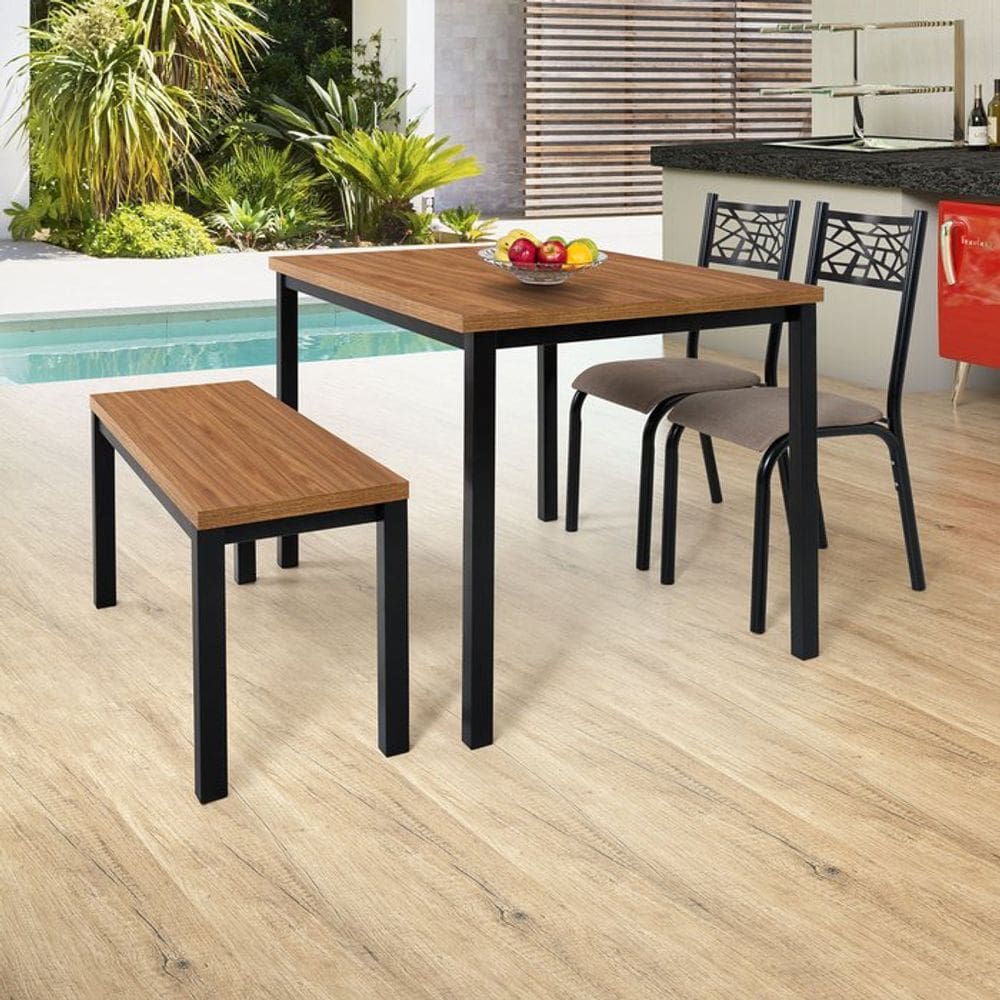 Conjunto Mesa 110x72cm 1 Banco 2 Cadeiras Mega Ciplafe Preto/Amêndoa