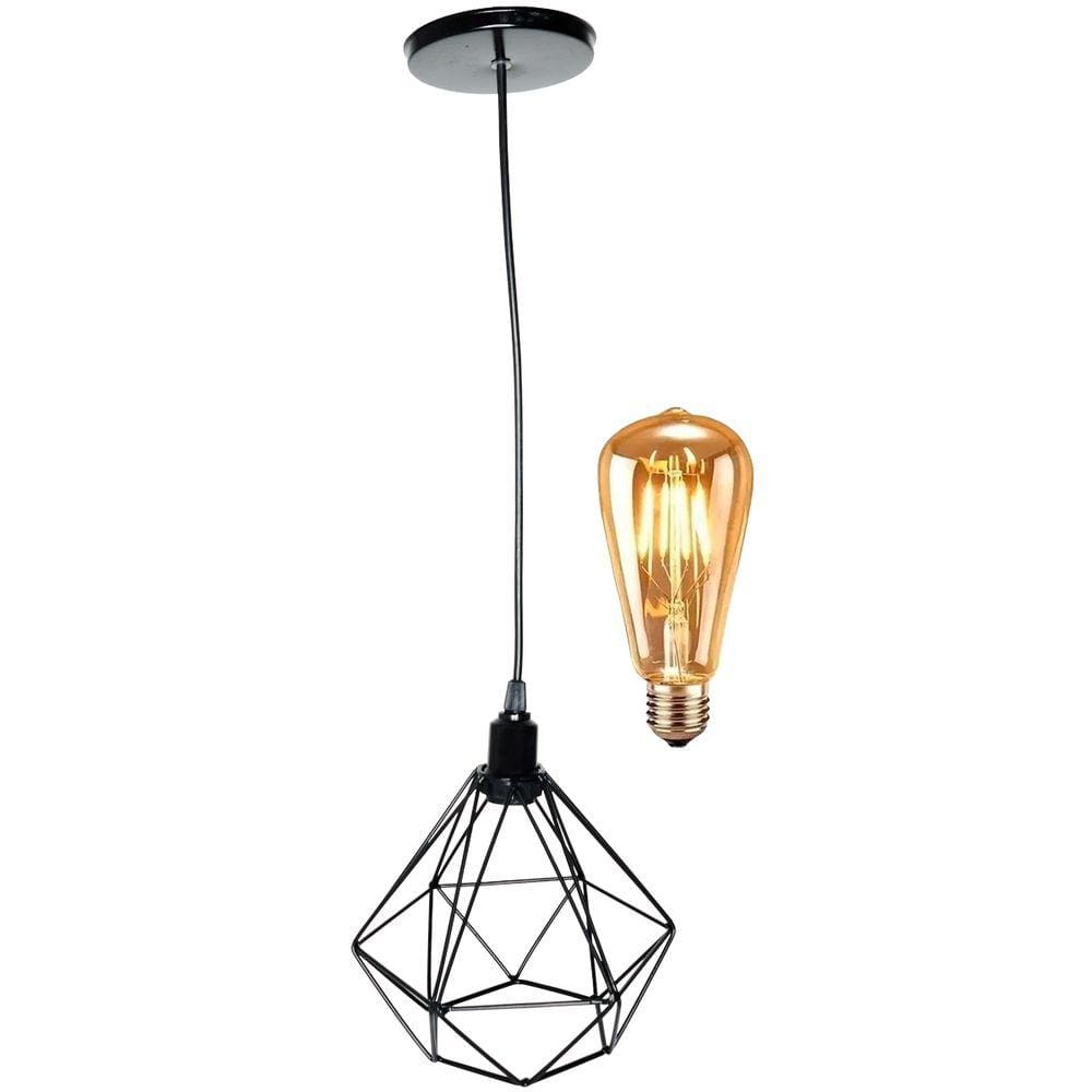 Pendente Aramado Diamante Luminária Lustre Retrô Balcão + Lâmpada Led ST64 Vintage Teto
