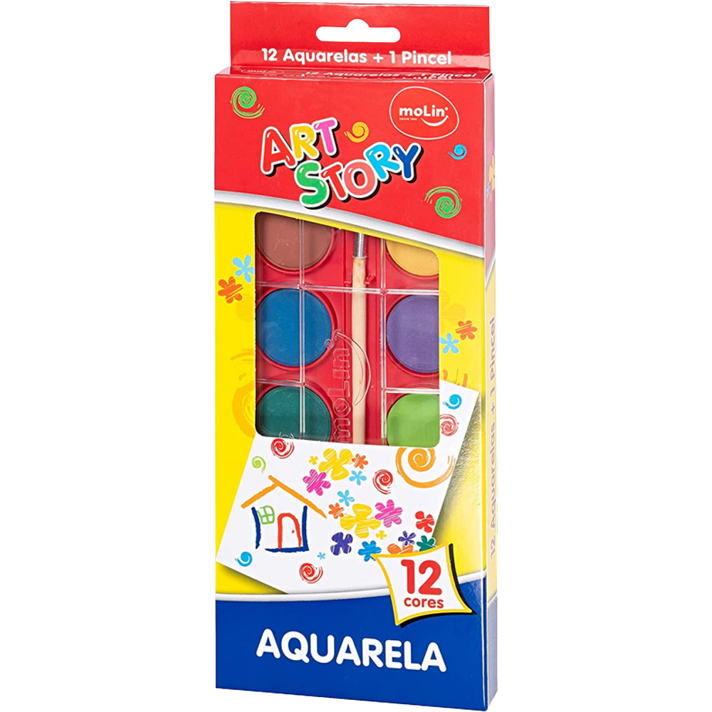 Aquarela escolar em pastilha c/ Pincel – 12 cores Molin