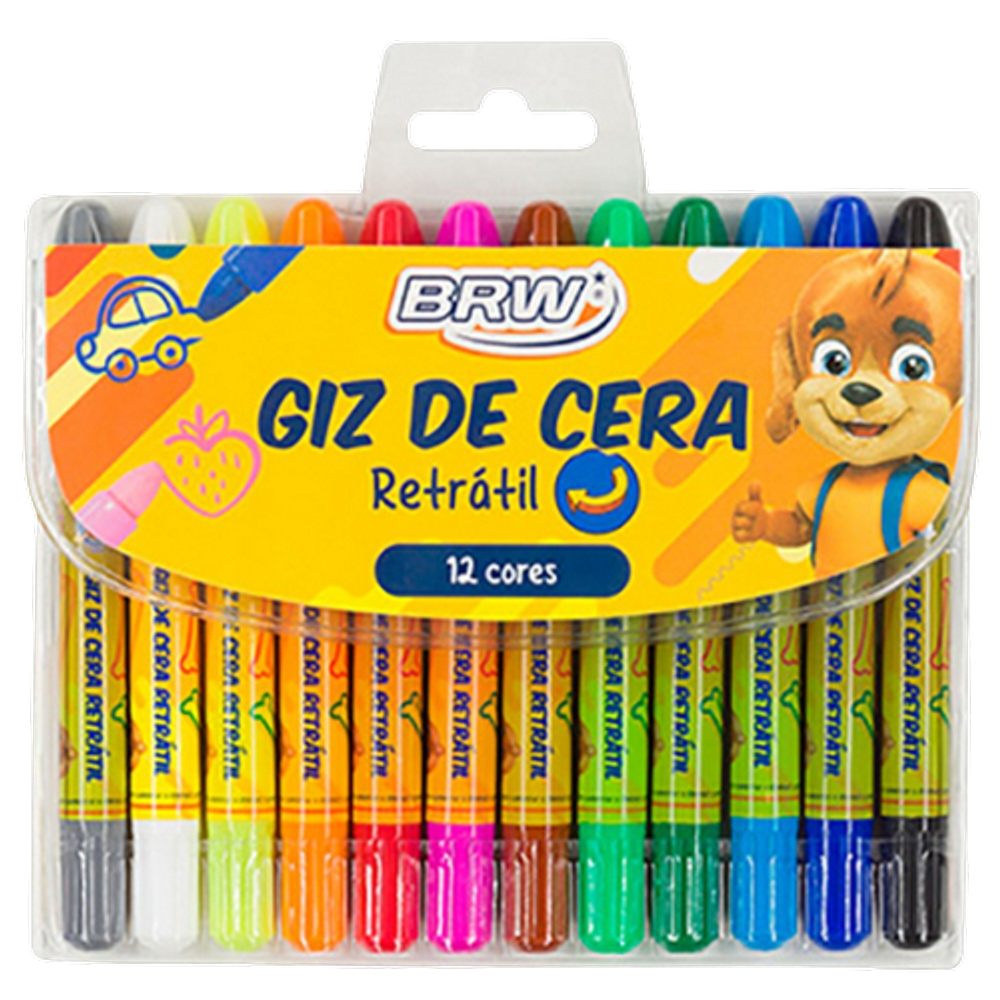 Giz de Cera Aquarelável Retrátil 12 cores Marca BRW