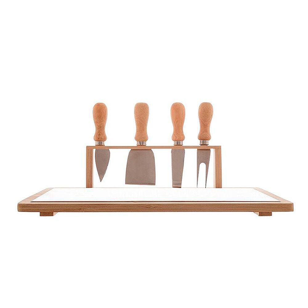 Conjunto Bandeja de Bambu e Cerâmica com 4 pçs para Queijo de Aço Inox com Cabo de Bambu 33x26,5cm 7147 - Lyor