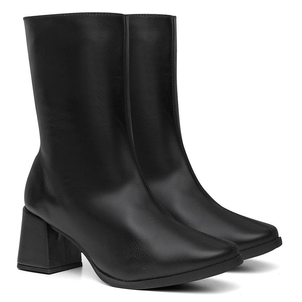 Bota Feminina Couro Cano Médio Bico Quadrado Salto Grosso Lisa