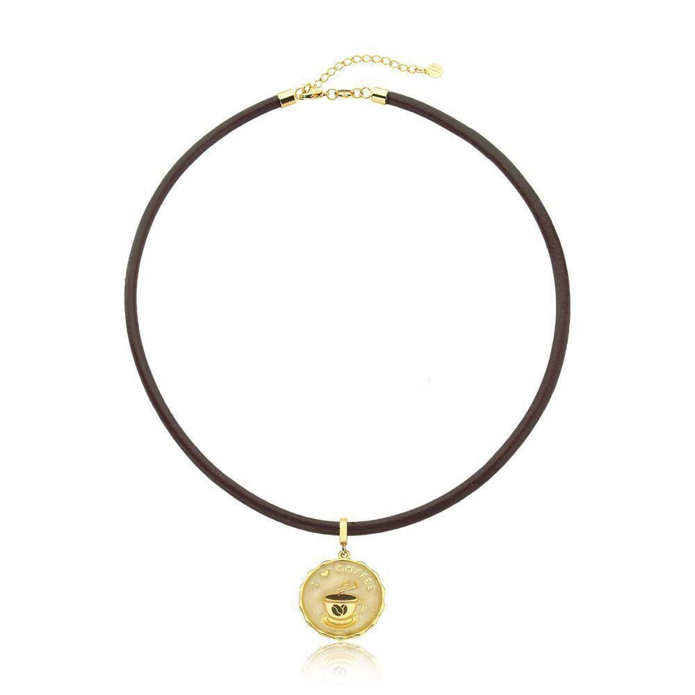 Colar Vl De Couro Medalha I Love Coffee Revestido Em Ouro