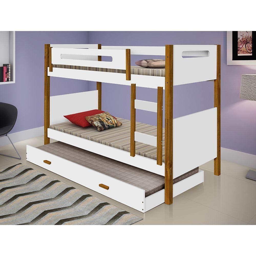 Bicama Infantil Com Cama Auxiliar Branca E Mel Branco