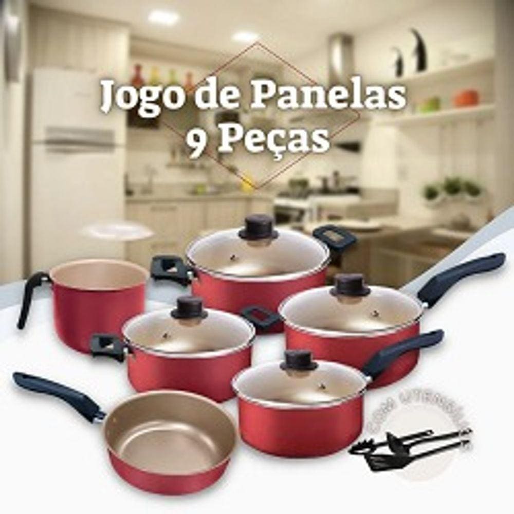 Conjunto de Panelas 09 Peças Cereja Antiaderente Teflon com Tampa de Vidro + Utensílios