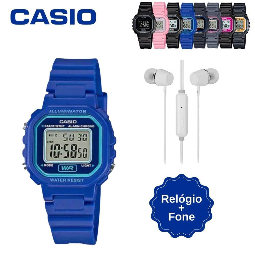 Kit Relógio Casio Infantil Digital LA-20WH Prova D água Pequeno Rosa Preto Cinza Azul + Fone de Ouvido