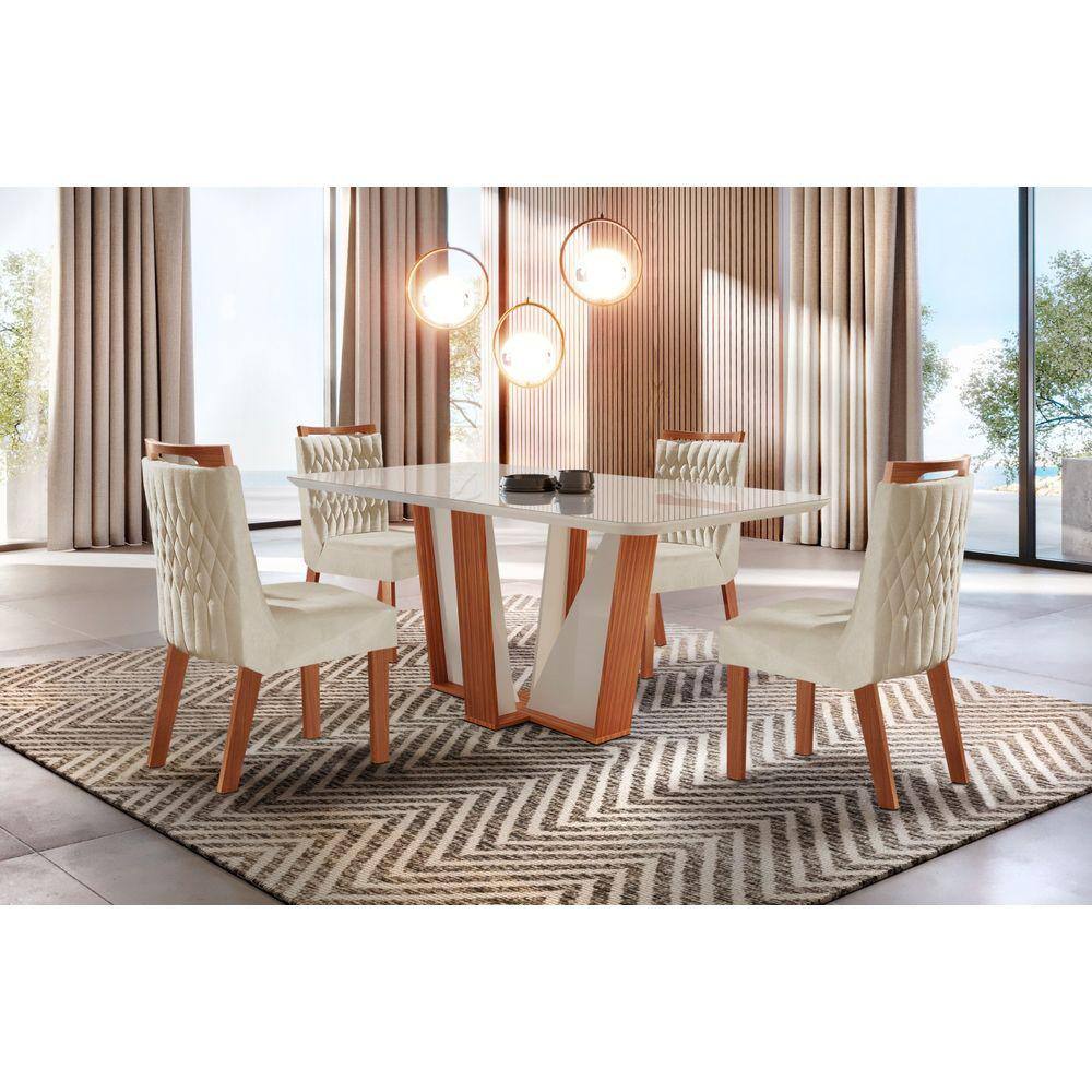 Conjunto Mesa Veneza para Sala de Jantar com Tampo de Vidro e 06 Cadeiras  Delta Prêmio/Pena Bege - LJ Moveis