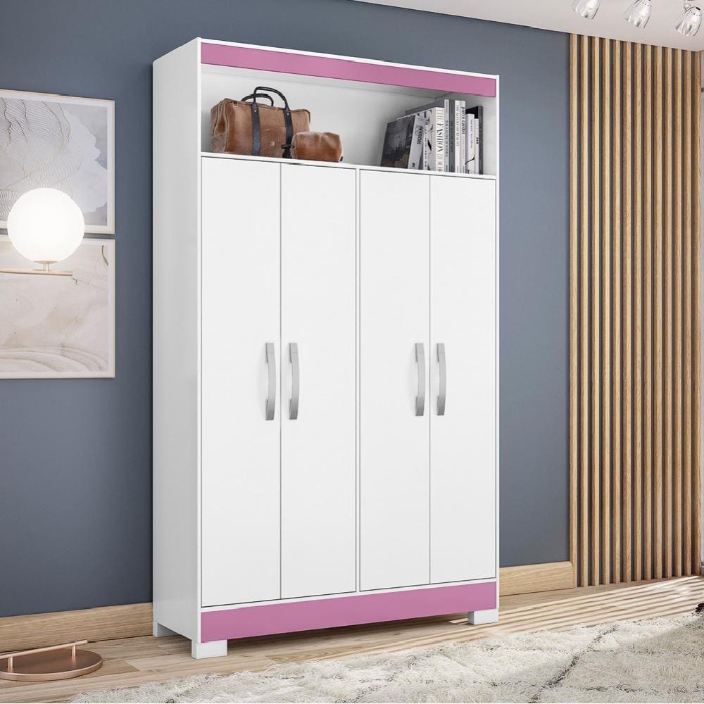 Guarda Roupas Solteiro Infanto Juvenil com Nicho 1,10m 4 Portas Bruna NT 4030 Branco/Rosa Flex Notáv
