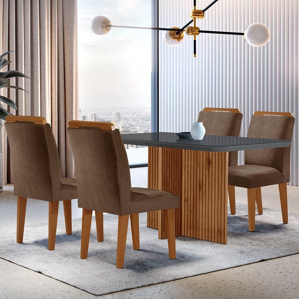 Sala de Jantar Mesa Olímpia 120CM MDF Vidro Canto Copo com 4 Cadeiras Athenas Moderna