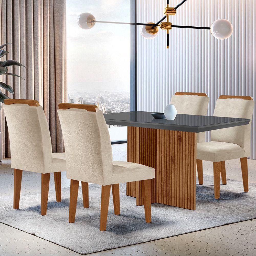 Sala de Jantar Mesa Olímpia 120CM MDF Vidro Canto Reto com 4 Cadeiras Athenas Moderna