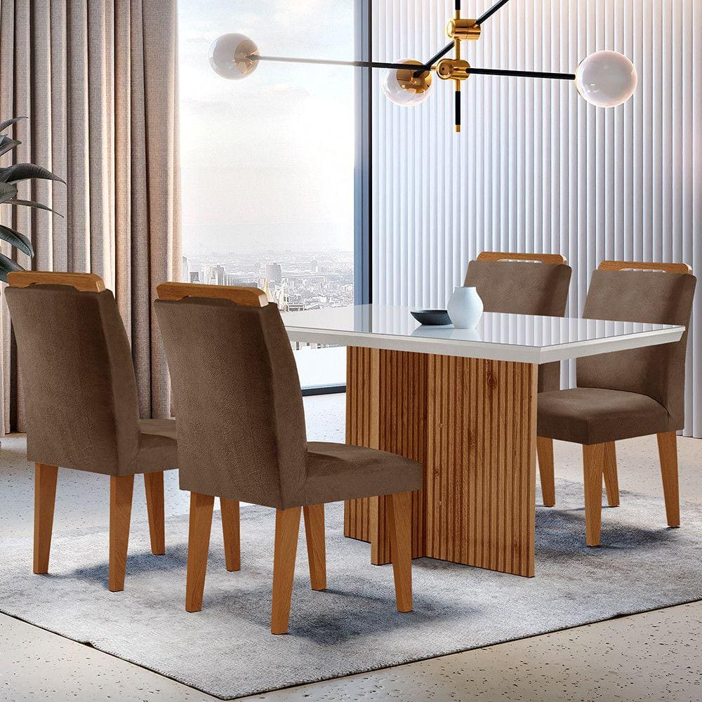 Sala de Jantar Mesa Olimpia 120CM MDF Vidro Canto Reto com 4 Cadeiras Athenas Moderna