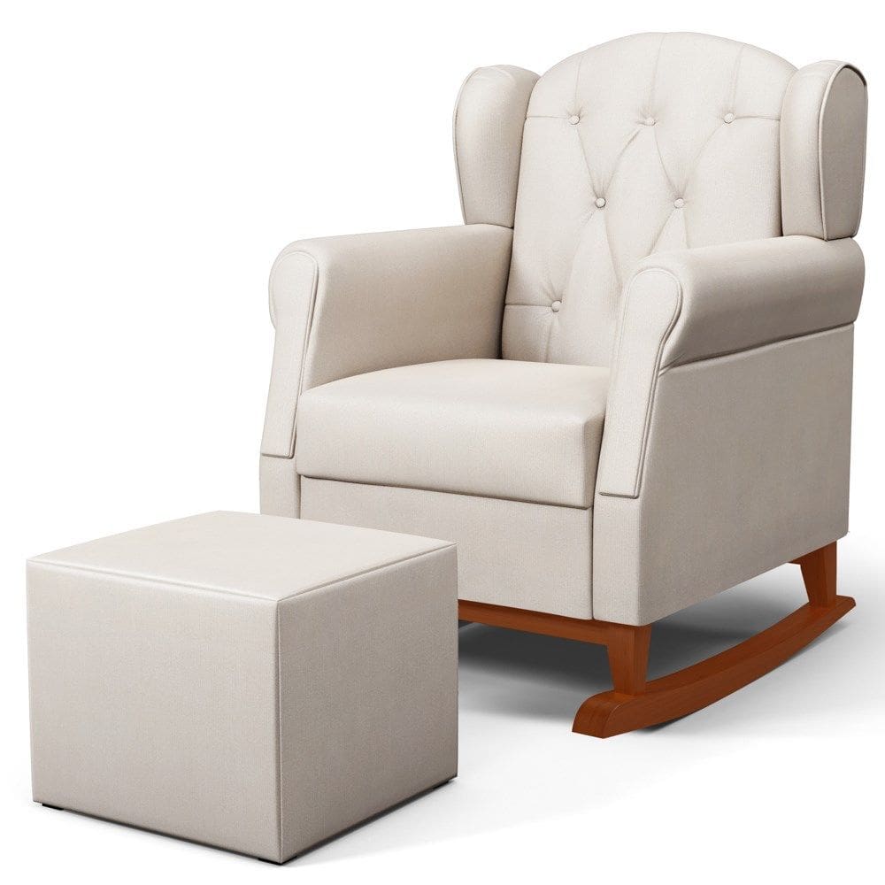 Poltrona de Amamentação Base de Madeira Balanço e Puff Lucy P04 Suede Bege - Mpozenato