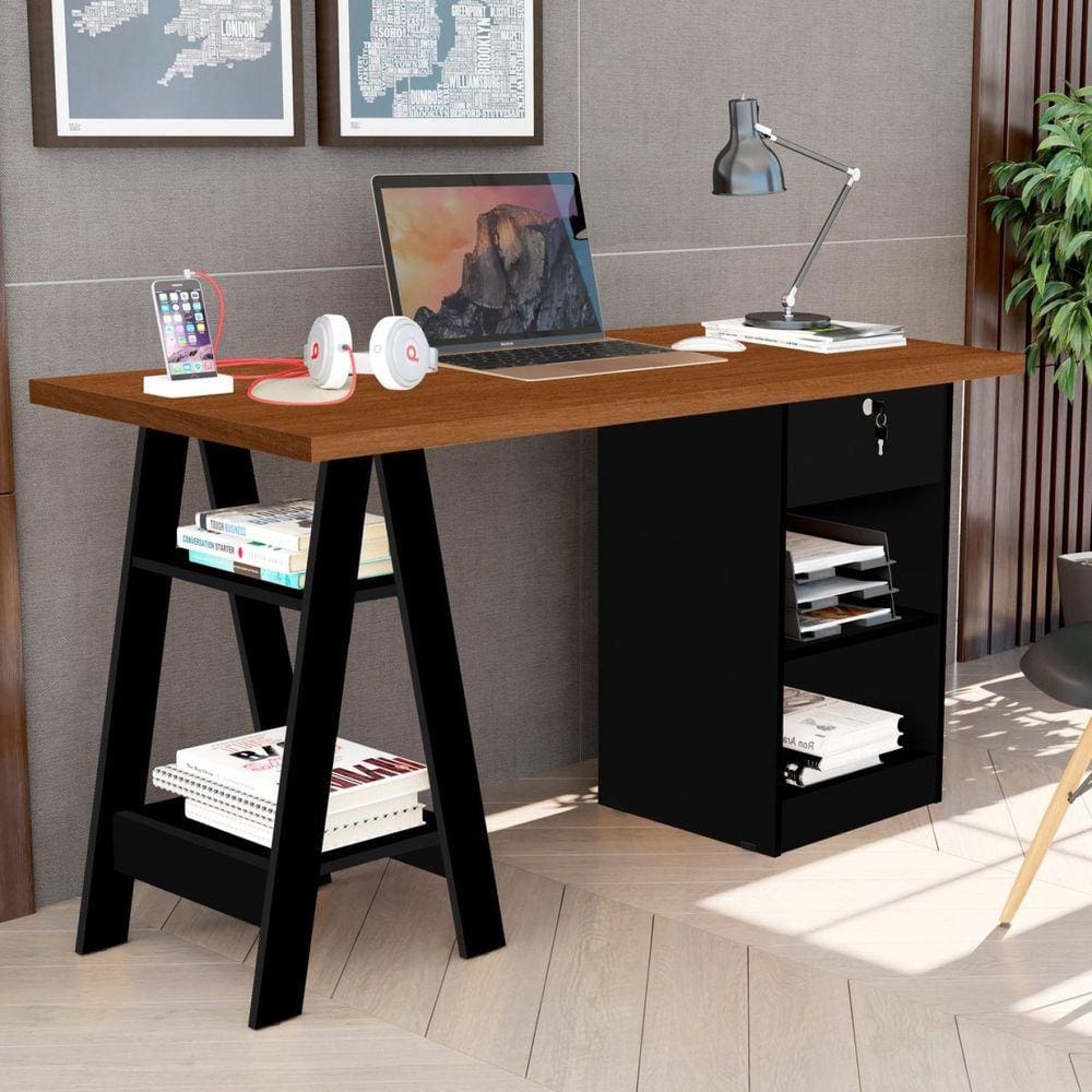 Escrivaninha Cavalete 2 Prateleira 2 Nichos 1 Gaveta com Chave Bali Carmolar Preto/Canela