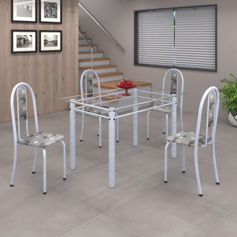 Conjunto de Mesa 120x75cm Tampo de Vidro com 4 Cadeiras Iris A Soma Móveis Paraopeba/Martelado Pérola