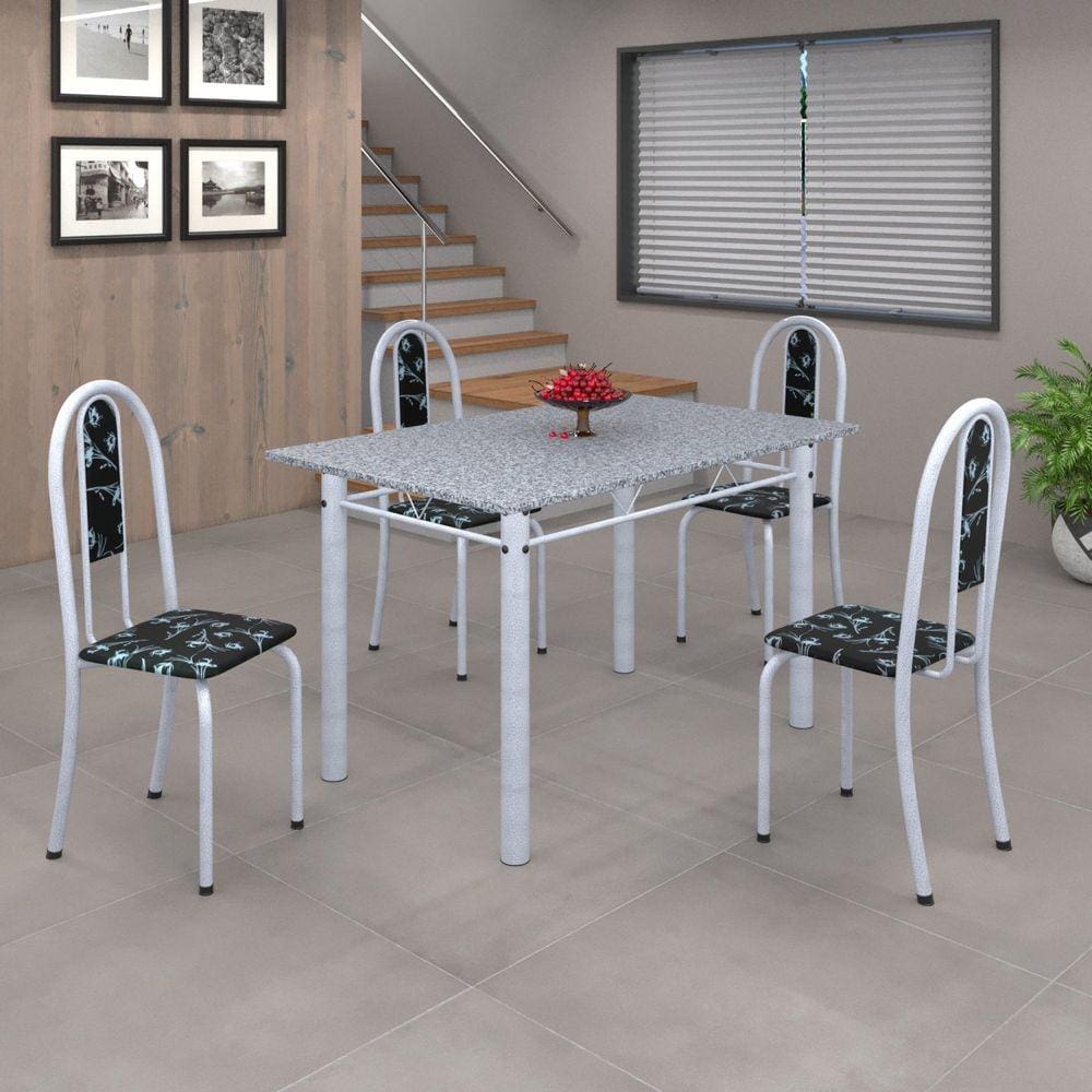 Conjunto de Mesa 120x75cm Tampo em Granito com 4 Cadeiras Iris A Soma Móveis Preto Floral/Martelado Pérola/Granito