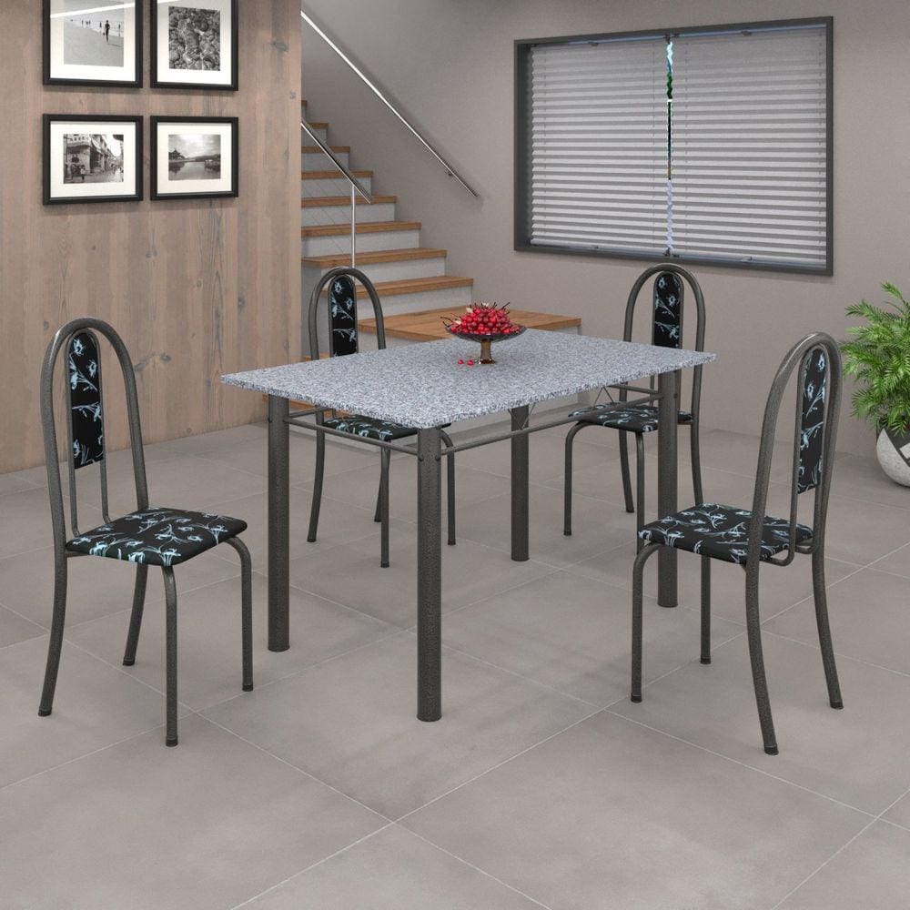 Conjunto de Mesa 120x75cm Tampo em Granito com 4 Cadeiras Iris A Soma Móveis Preto Floral/Martelado Prata/Granito