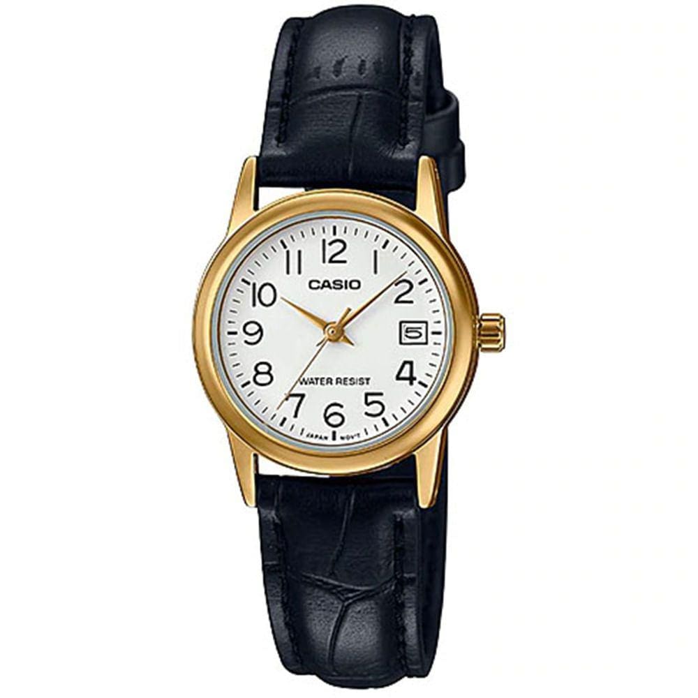Relógio CASIO feminino dourado couro preto LTP-V002GL-7B2UDF