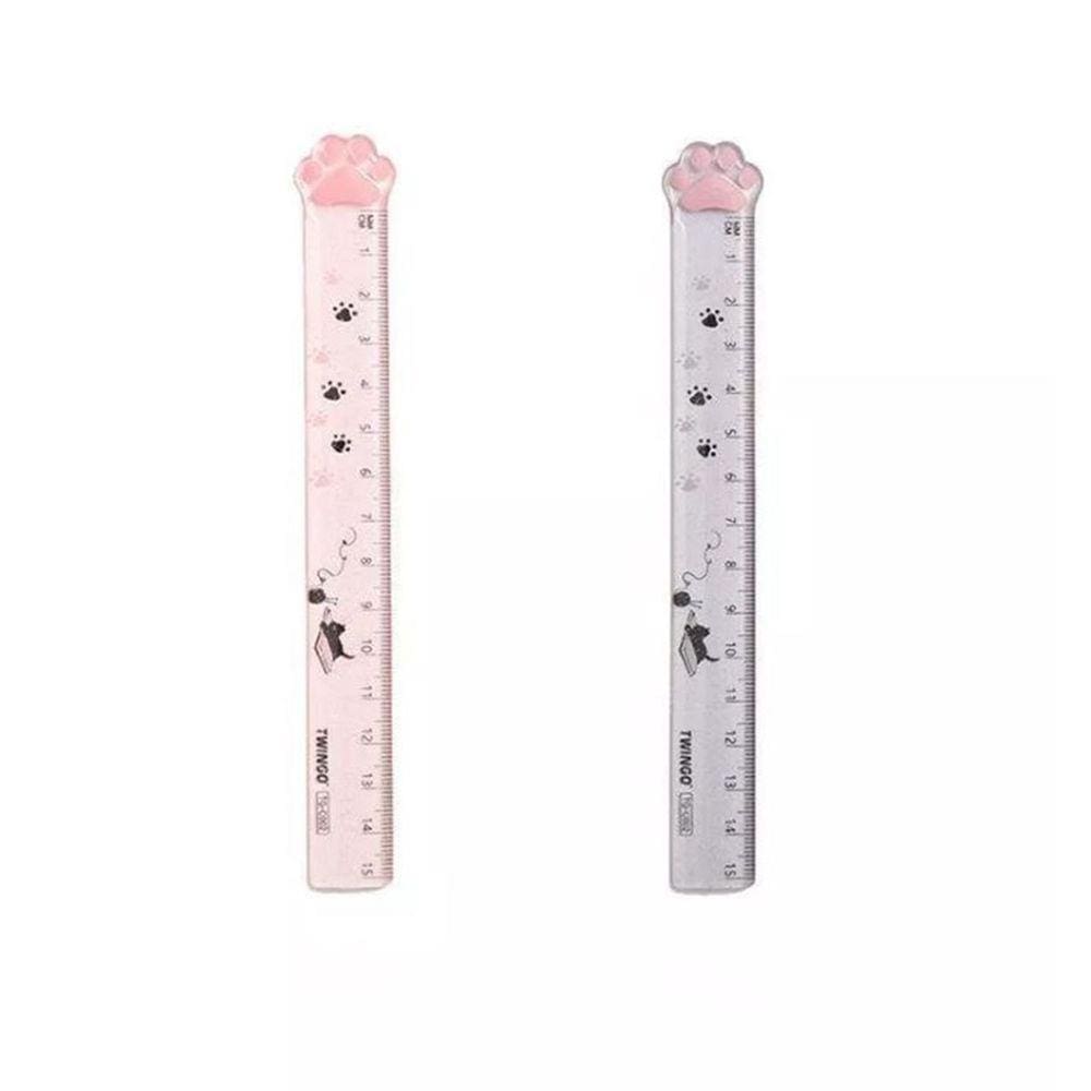 Régua 15cm Escolar Transparente com Glitter Patinha de Gato Rosa e Cinza