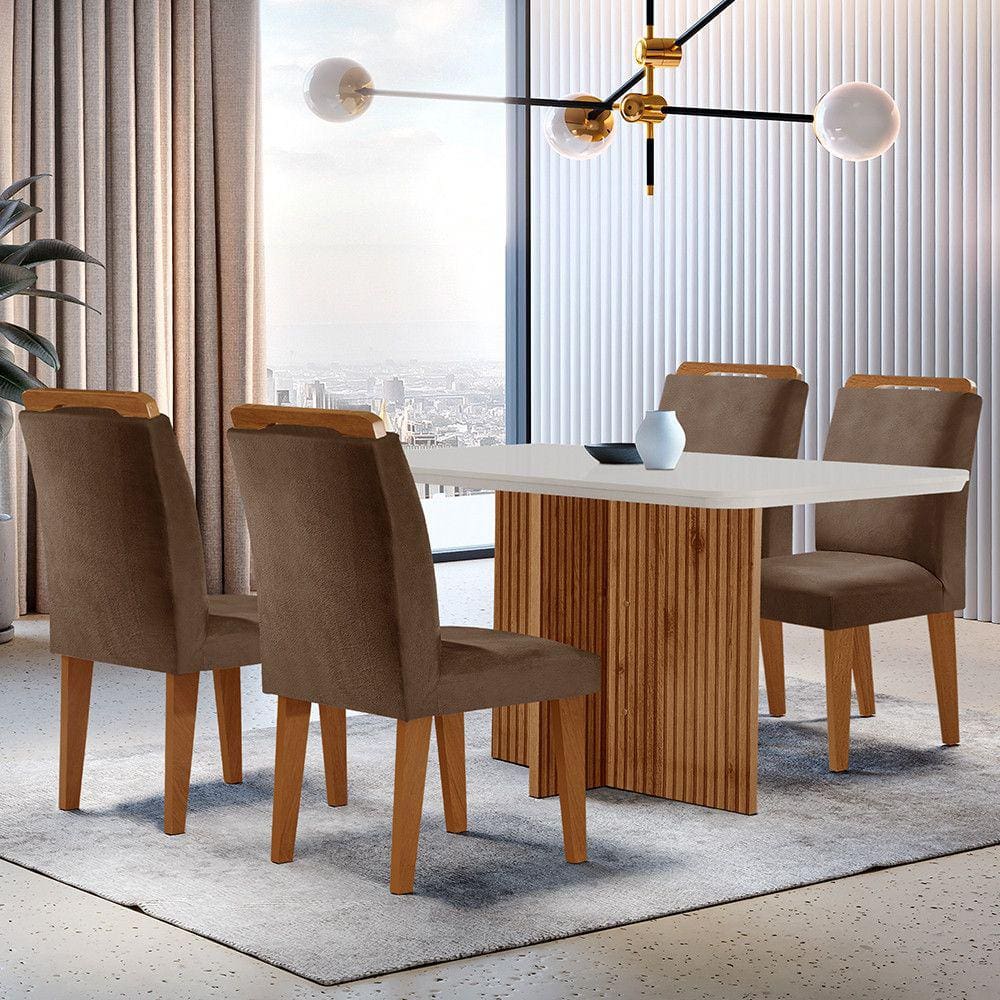 Sala de Jantar Mesa Olimpia 120CM MDF Canto Reto com 4 Cadeiras Athenas Moderna