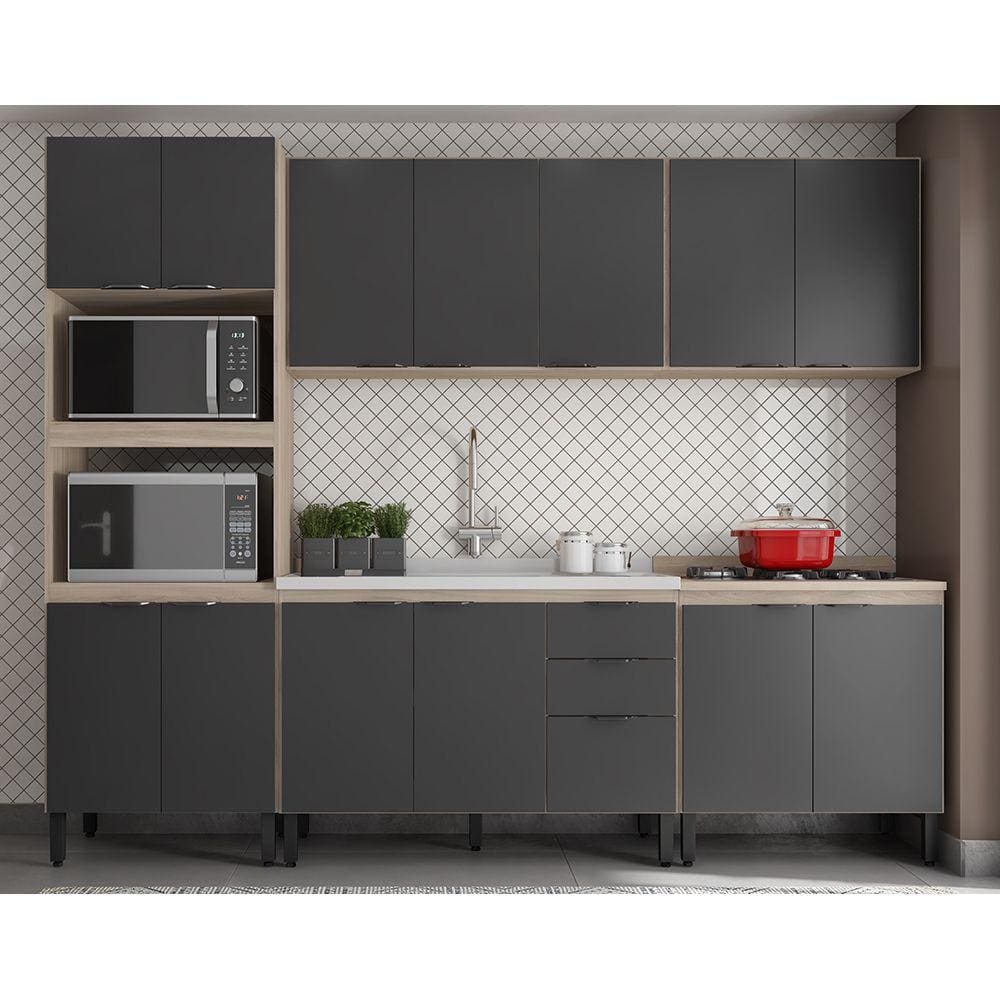Cozinha Modulada Completa 14 Portas 02 Gavetas Firenze Avena Grafito Demóbile