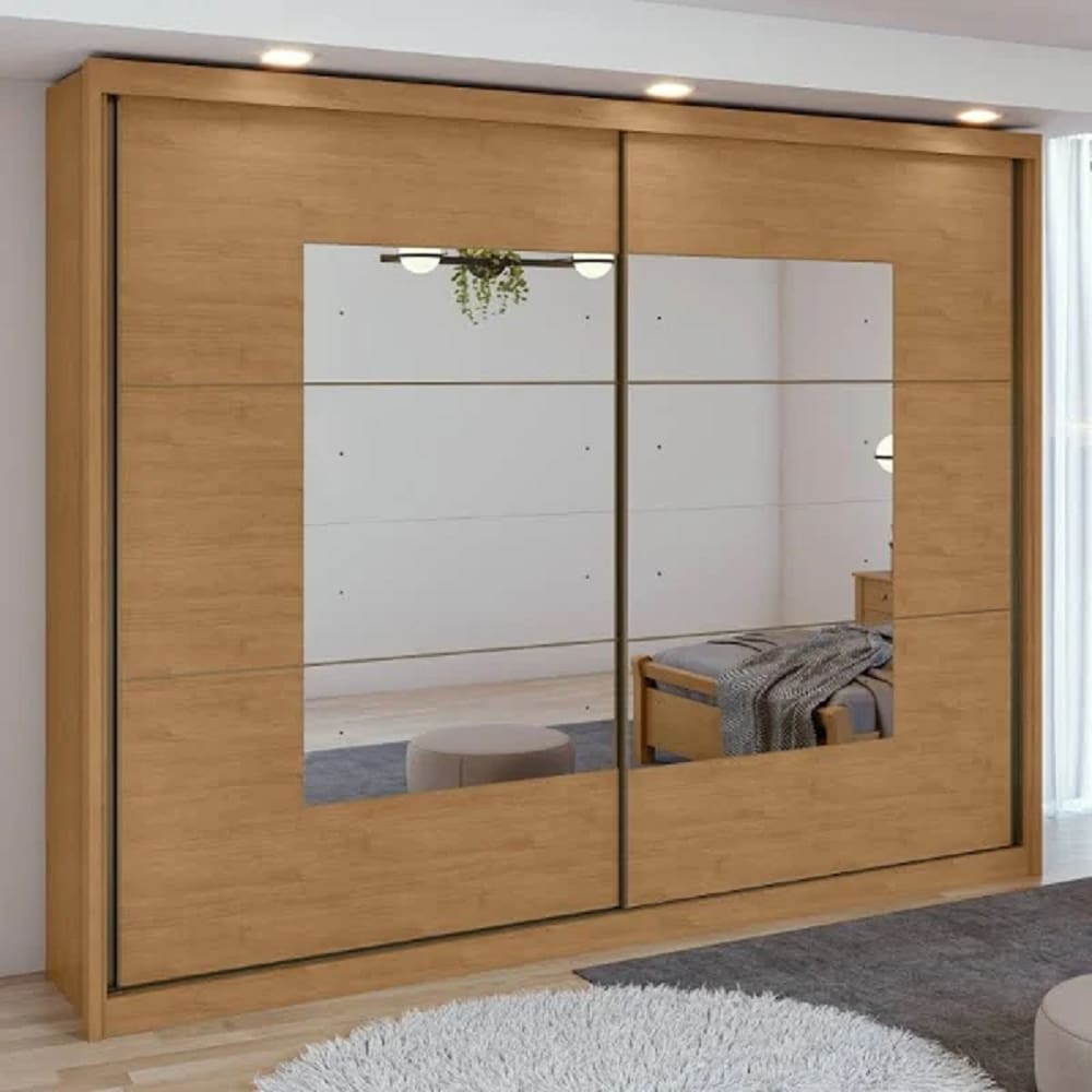 Guarda Roupa Casal Toronto Plus com Espelho 2 Portas de Correr 6 Gavetas Amêndoa Lopas