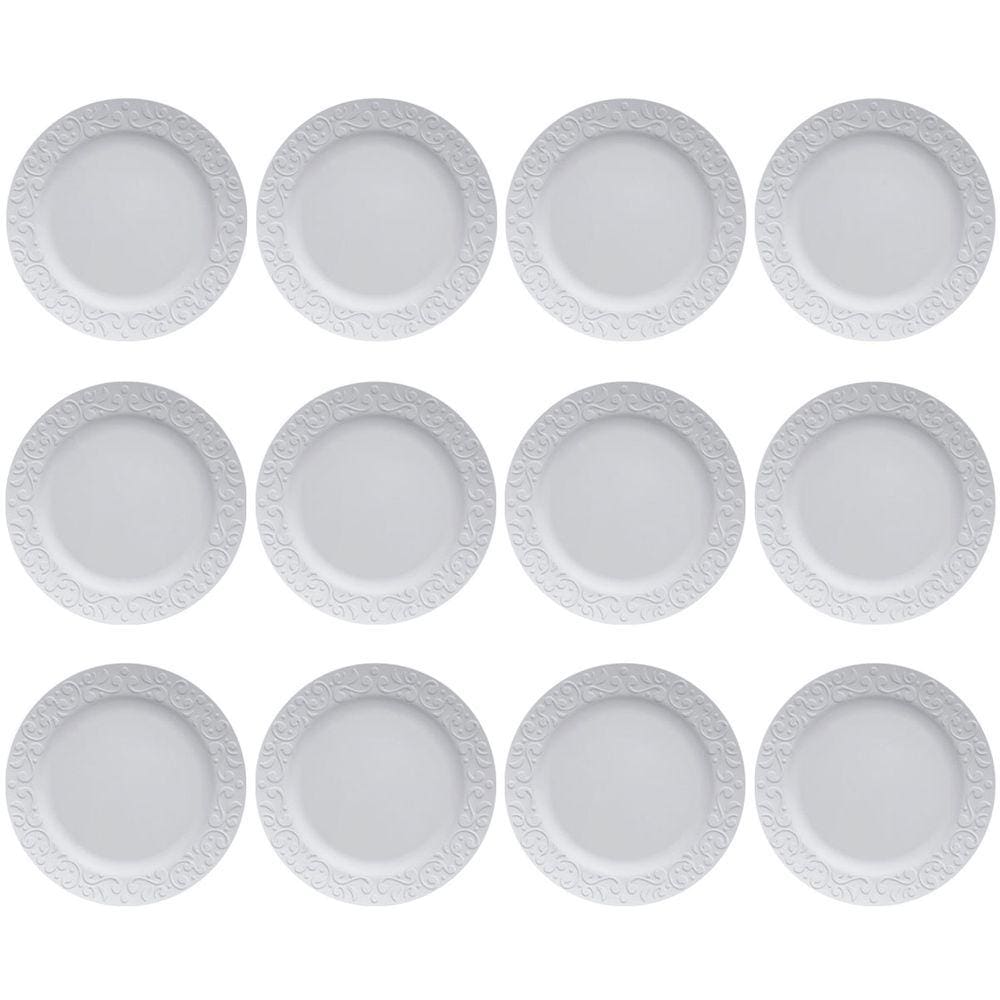 Jogo 12 Pratos Rasos Redondos 26,5cm em Porcelana com Relevo Tassel Germer Branco