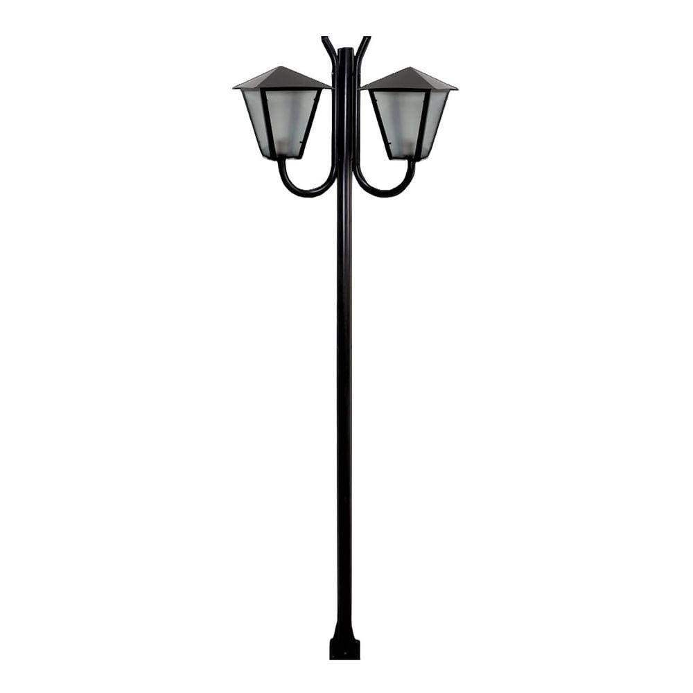 Poste Braço Curvo Luminária Romana Dupla Jardim Preto 200cm