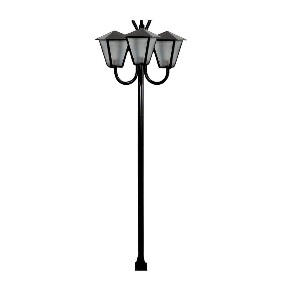 Poste Braço Curvo Luminária Romana Tripla Jardim Preto 300cm