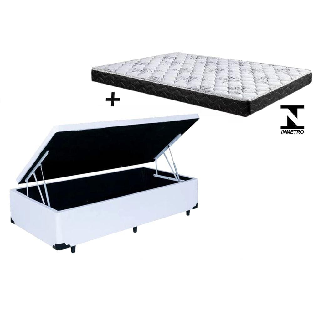 Cama Box Baú Solteiro Sintético Branco + Colchão Solteiro Espuma D33 Com EPS 26x88x188