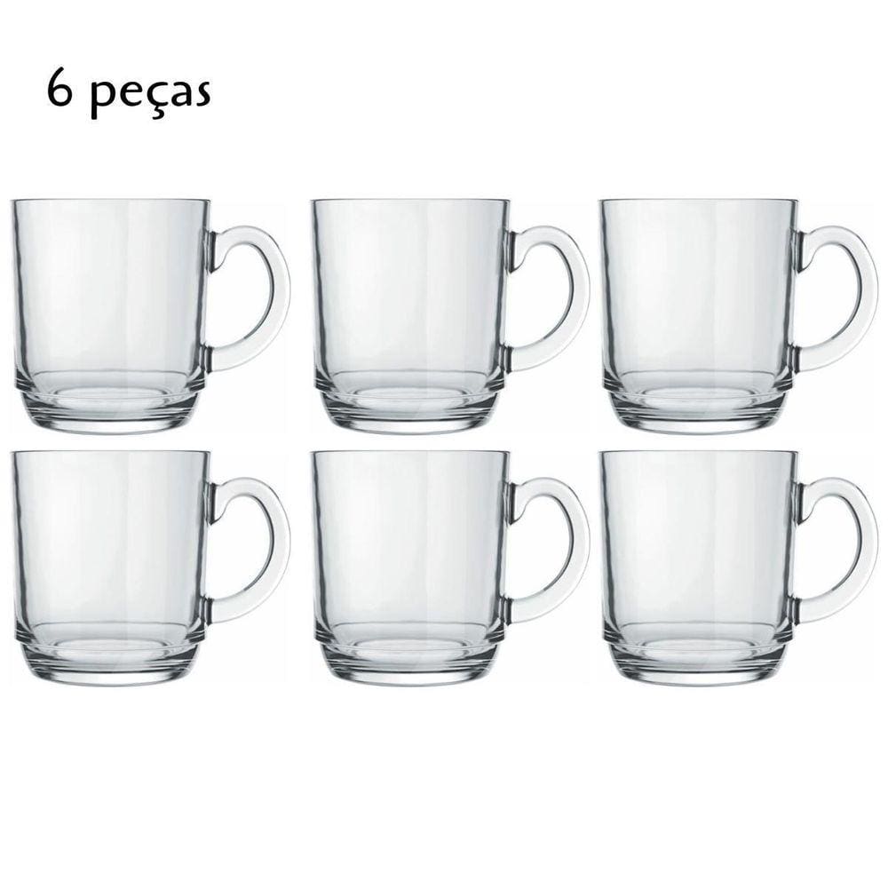 Jogo De Canecas Em Vidro 6 Pçs 300Ml Com Alça Aspen Incolor