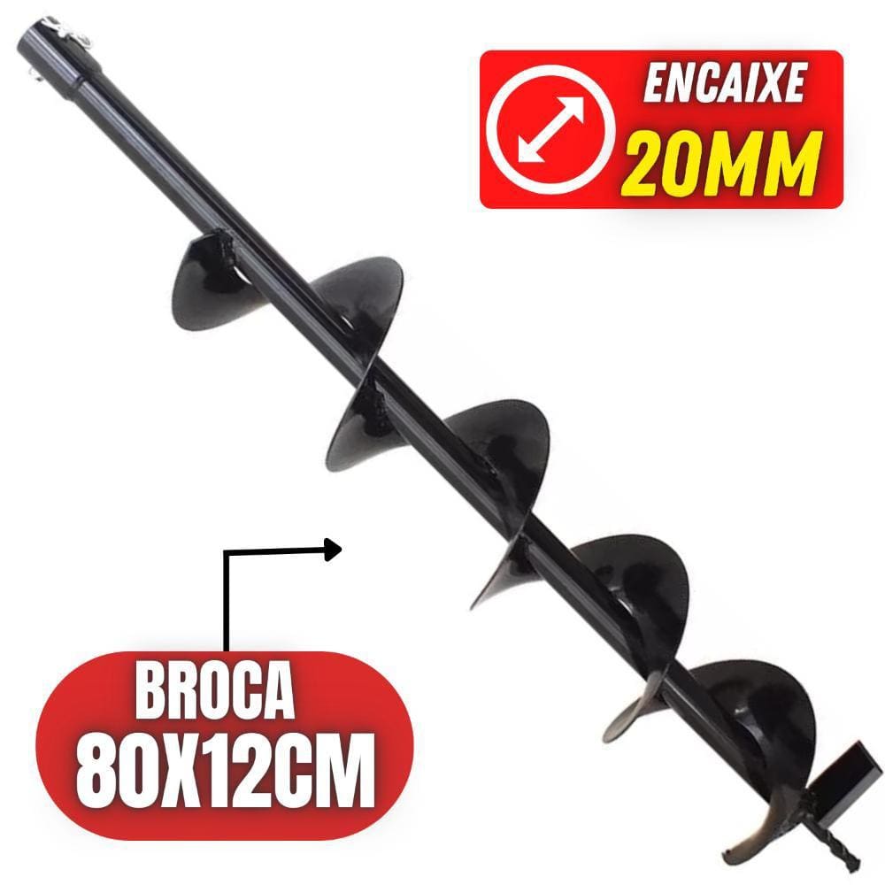Broca Helicoidal 80x12cm Para Perfurador de Solo Com Ponta de Corte em Aço Duro Bitola do eixo de conexão interna 20mm