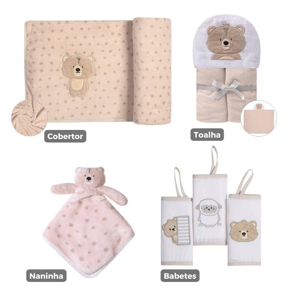 Kit Enxoval Cobertor, Naninha, Toalha e Babete Para Bebês