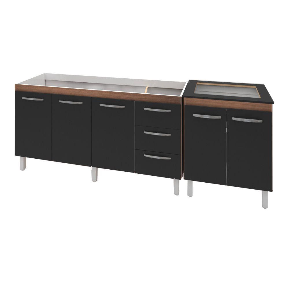 Armário Cozinha Gabinete Pia De 150 cm Diana Com Balcão Cooktop 4 Bocas Savana Frente Preta Jade
