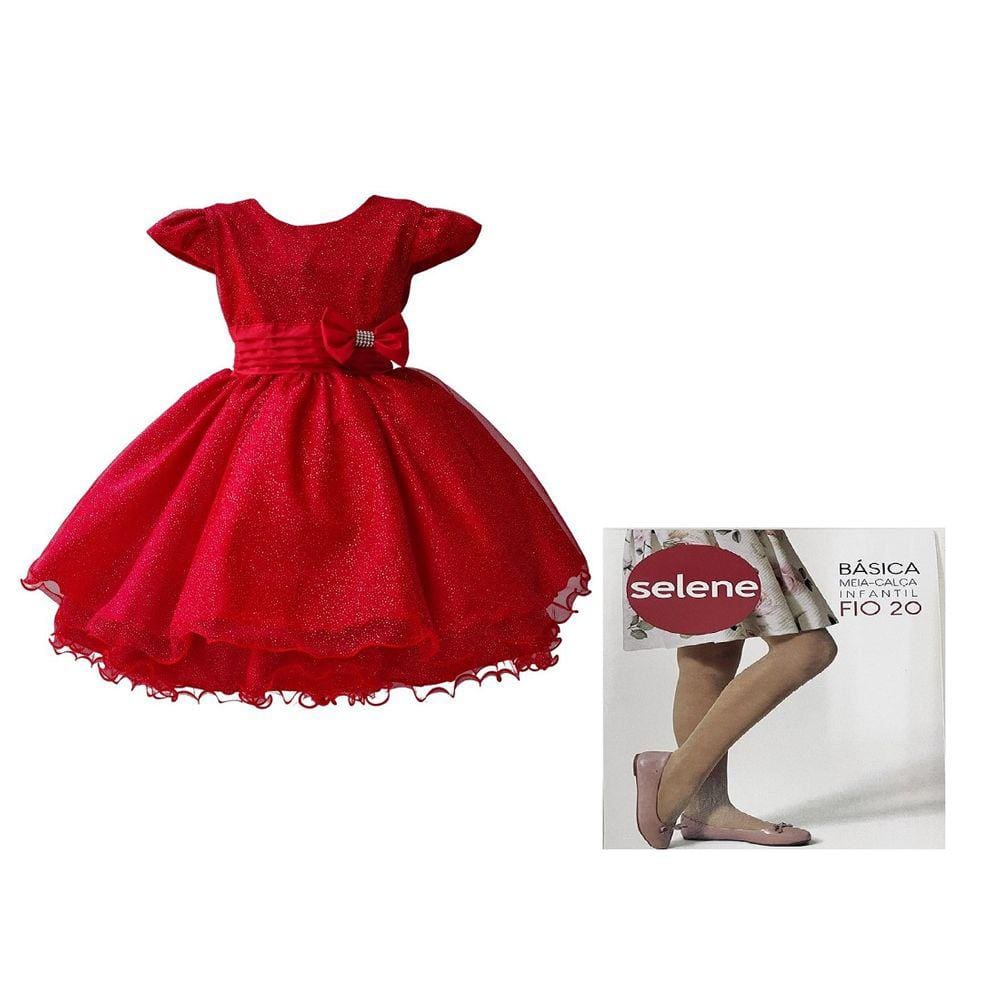 Vestido Glitter Vermelho Infantil + Meia Selene Branco