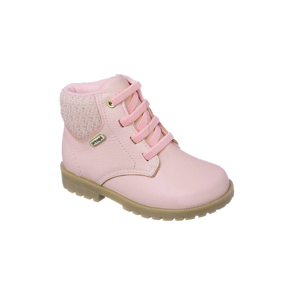 Bota Coturno Infantil Feminina Ortopé Baby Boot Couro com Detalhe Tecido Rosa
