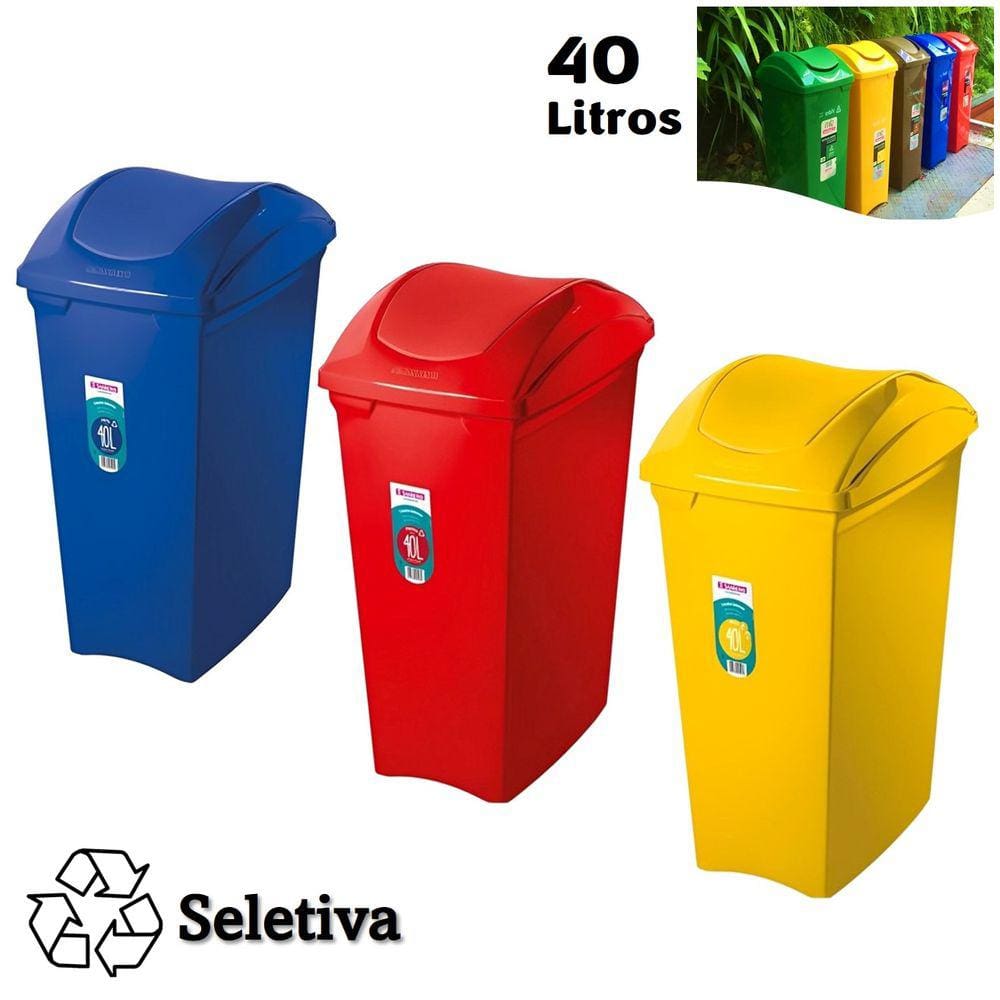 Kit 3 Lixeiras 40 Litros Seletivas Para Plástico Papel Metal Cesto De Lixo Tampa Basculante - Sanremo