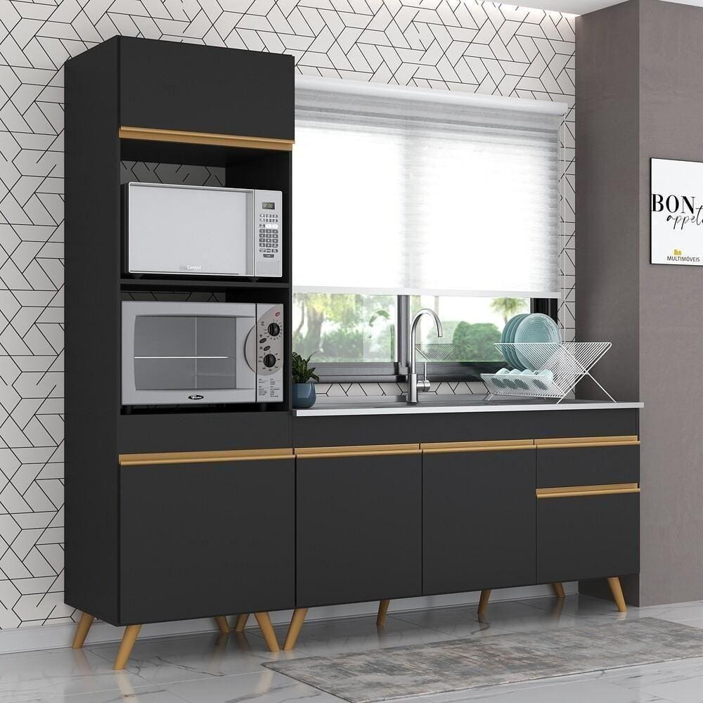 Armário De Cozinha Compacta 212cm Multimóveis Preto/dourado