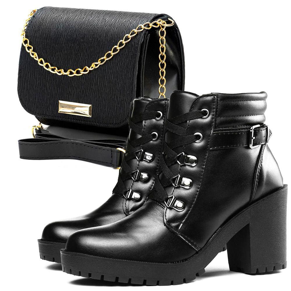 Kit Bota Feminina Salto Alto Casual Cano Curto + Bolsa Feminina
