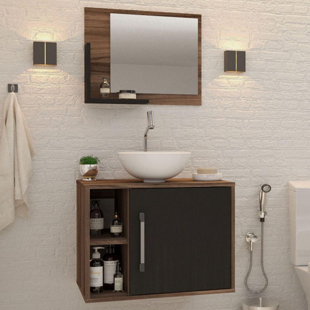 Armário De Banheiro Com Cuba E Espelho 1 Porta 2 Prateleiras Nogal/preto ônix 13688 - Compace