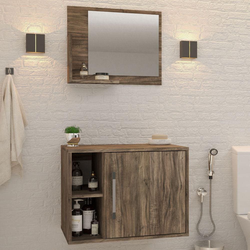 Armário De Banheiro 1 Porta 2 Prateleiras Com Espelho Carvalho Dark 14700 - Compace