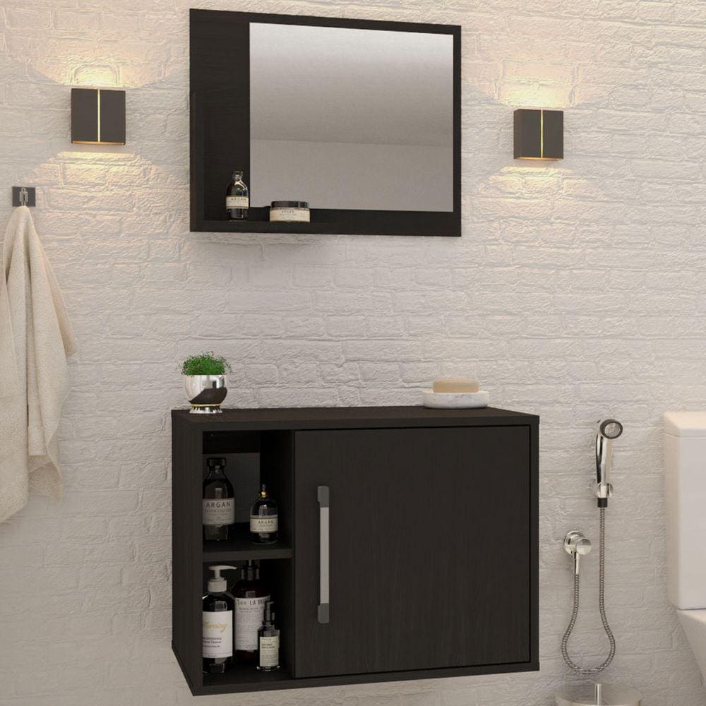 Armário De Banheiro 1 Porta 2 Prateleiras Com Espelho Preto ônix 14700 - Compace