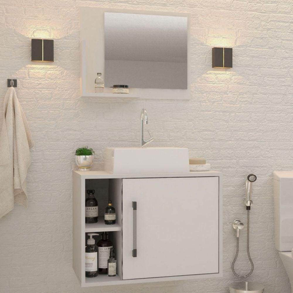 Armário De Banheiro Com Cuba E Espelho 1 Porta 2 Prateleiras Branco Chess 13687 - Compace